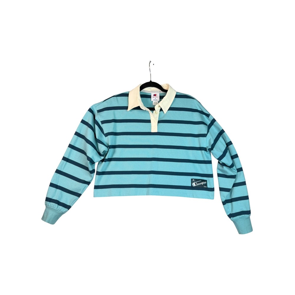 Champion Womens Striped Cropped Rugby Shirt Teal Blue Long Sleeve Polo Small